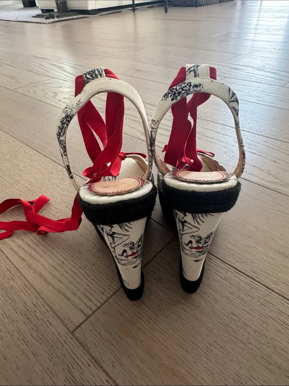 Christian Louboutin Black & White Toile Espadrille Wedges with Red Ribbon